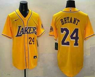 Men%27s Los Angeles Lakers #24 Kobe Bryant Number Yellow Purple With Patch Cool Base Stitched Baseball Jersey->los angeles lakers->NBA Jersey